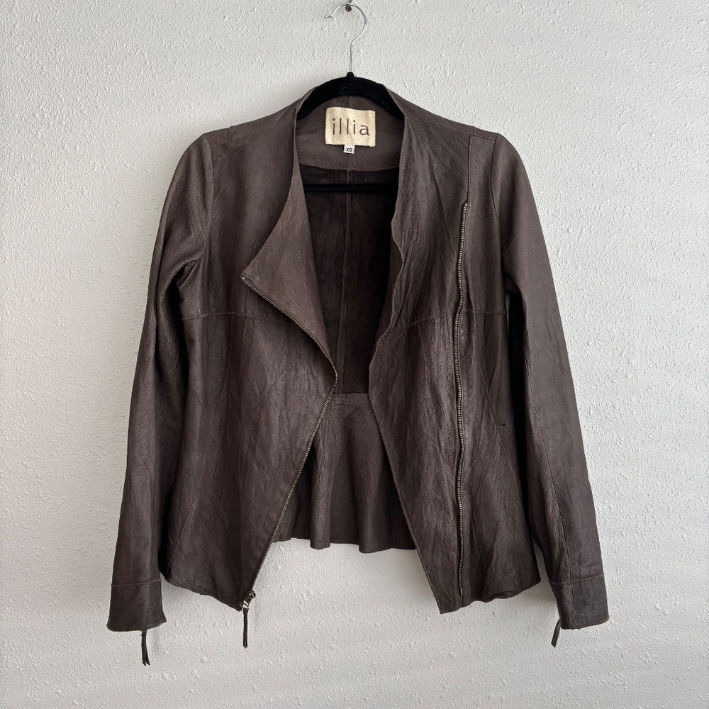 illia Genuine Leather Brown Asymmetrical Zip Jacket